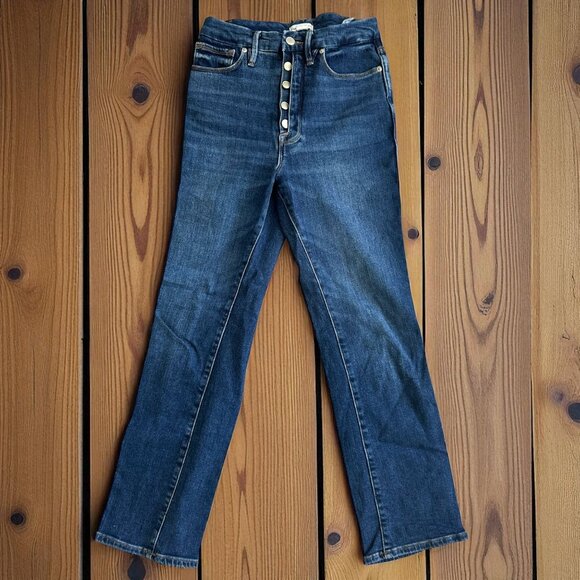GOOD AMERICAN Medium Wash Buttoned Straight Leg Stretch Jeans SIze 25 / 0 - Picture 1 of 7